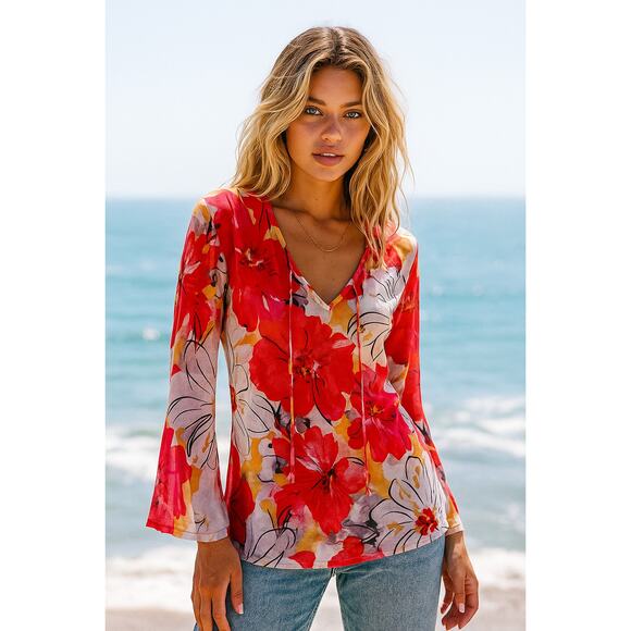 Womens Floral Mesh Top Size M Short Sleeve Sheer Beach Y2K Colorful Coastal - Picture 1 of 5